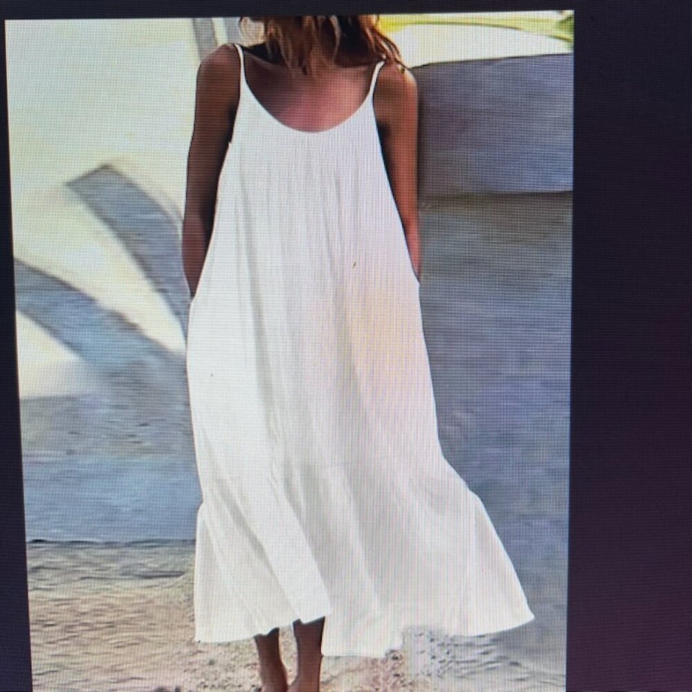 NEW WHITE CAMI Maxi Dress with Side Pockets XL NON - SEE THROUGH MATERIAL !